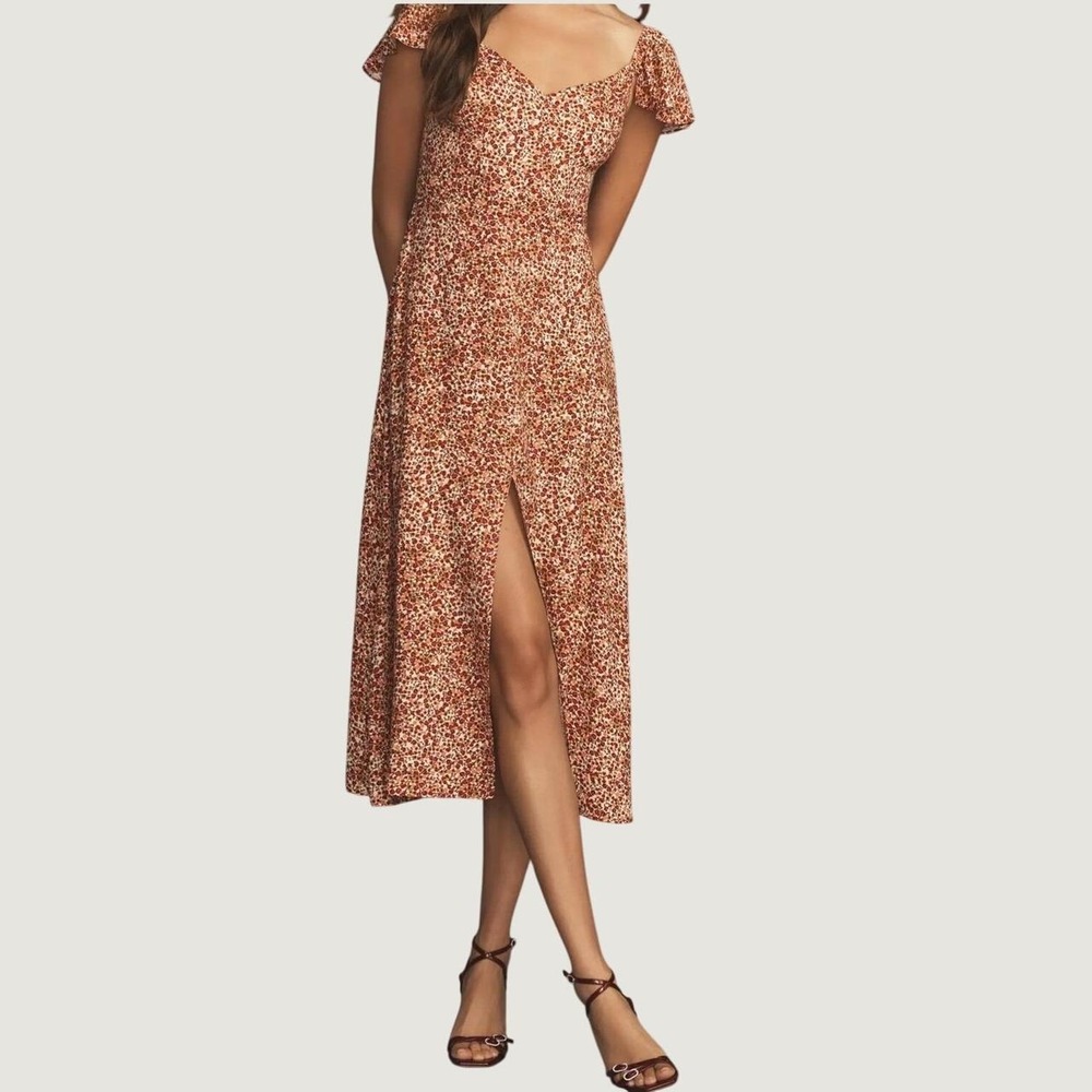 Reformation Callalily Midi Dress Floral Flutter Sleeve Front Slit Red Orange 8